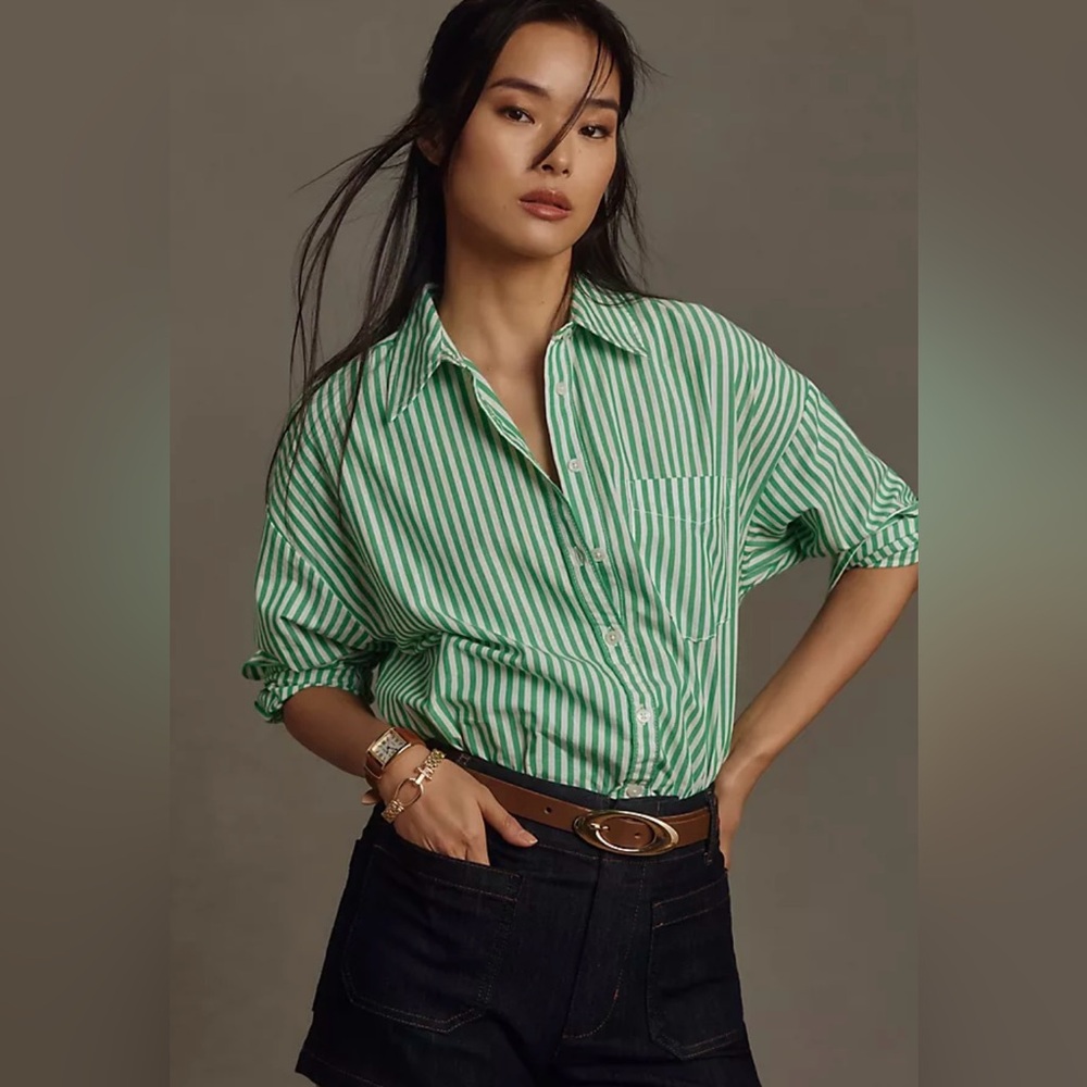 Anthropologie Green Striped Button Down Shirt